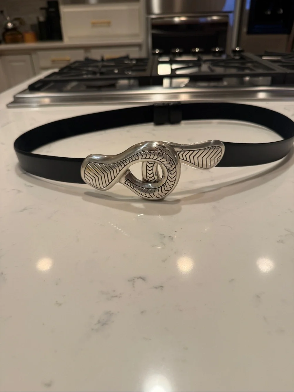 Chico’s Black Leather Lined Belt Oversized Silver Statement Buckle Adjustable